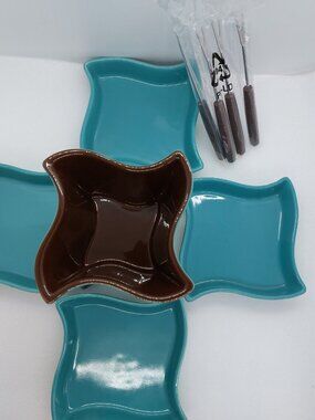11 Piece Stokes Chocolate Fondue Stoneware Set Turquoise Color